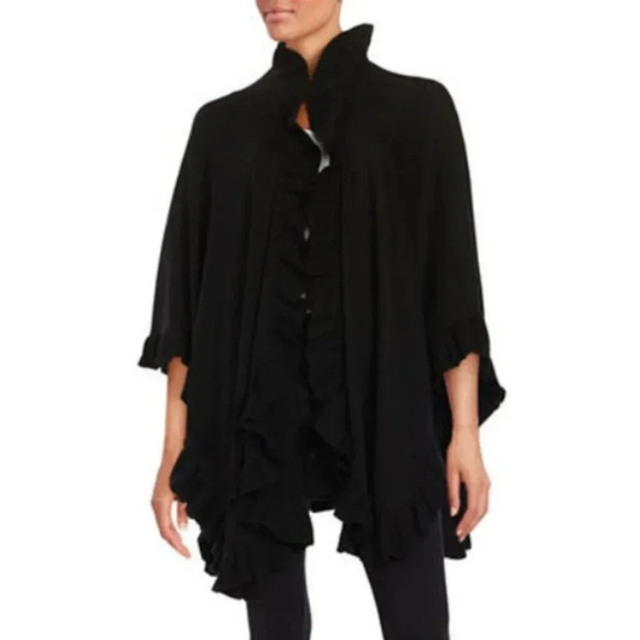 Lord &  Taylor Womens One Size Ruffle Trim Black Poncho - Picture 1 of 13
